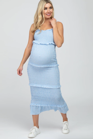 Blue Gingham Print Smocked Maternity Maxi Dress